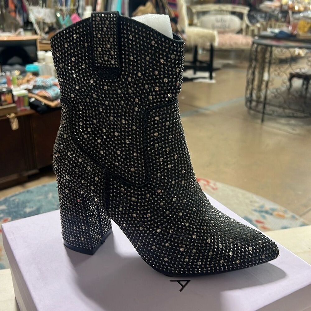 Women's‎ Black Denim Rhinestone Western Booties Pointed Toe Chunky Heel Zip